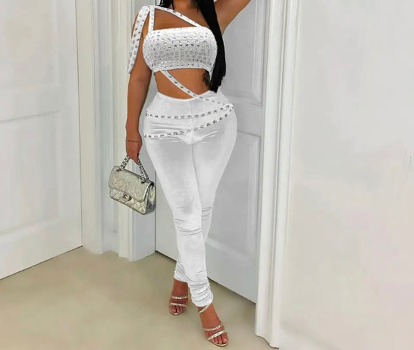 Women Sexy Sleeveless Bling Velour Two Piece Pant Set