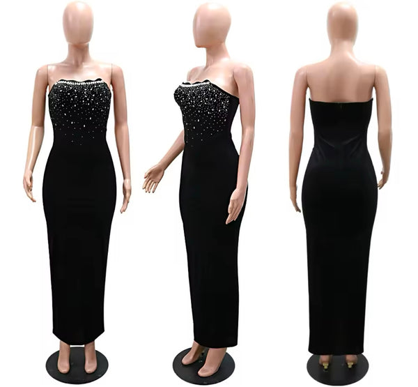 Women Sexy Bling Strapless Velour Maxi Dress