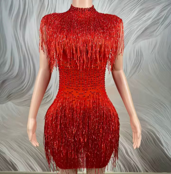 Women Red Sexy Fringe Tassel Rhinestone Dress