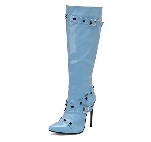 Women Color Buckled Fashion High Heel Knee High Boots