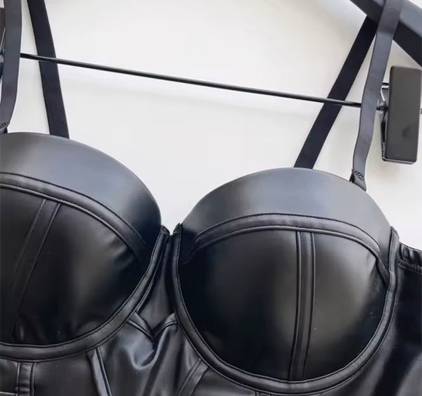 Women Sleeveless Black Buckled Fashion Faux Leather Crop Top