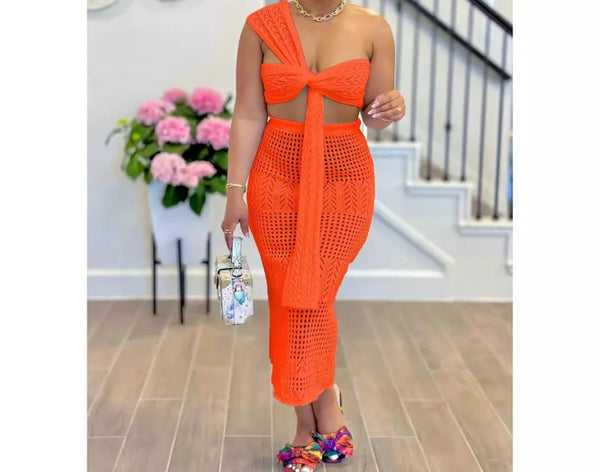 Women Orange Knitted Strapless Sexy Two Piece Skirt Set