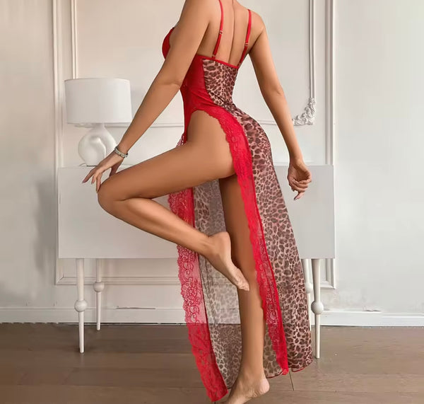 Women Sexy Red Lace Leopard Mesh Nightgown Set