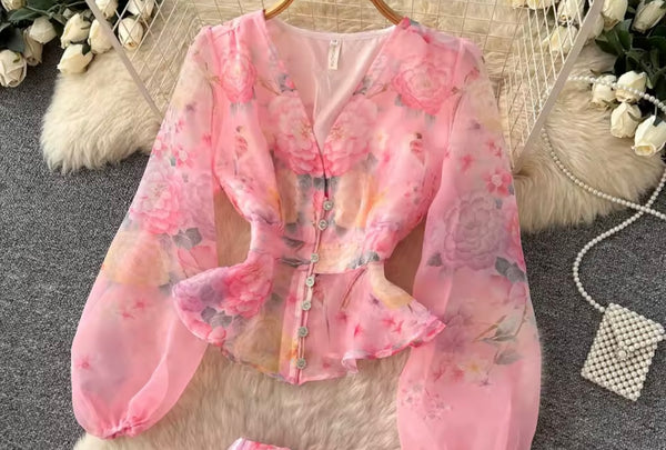 Women Button Up Floral Full Sleeve Chiffon Two Piece Skirt Set