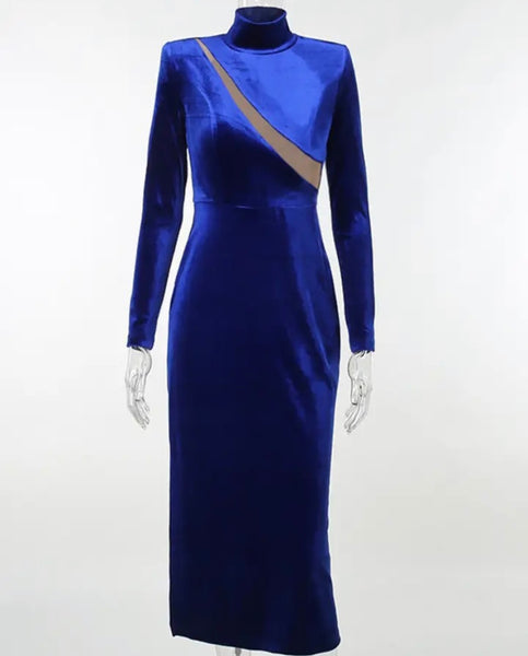 Women Sexy Blue Full Sleeve Mesh Patchwork Velour Maxi Dress
