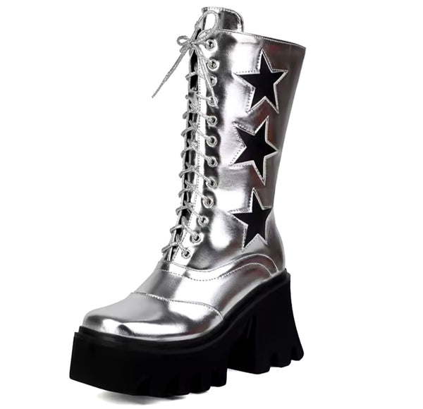 Women Fashion Faux Leather Star Lace Up Platform Boots