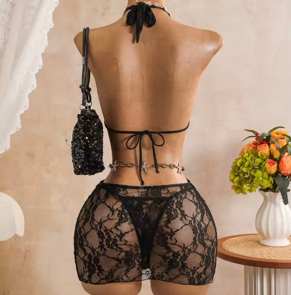 Women Sexy Tie Up Halter Lace Bikini Cover Up Set