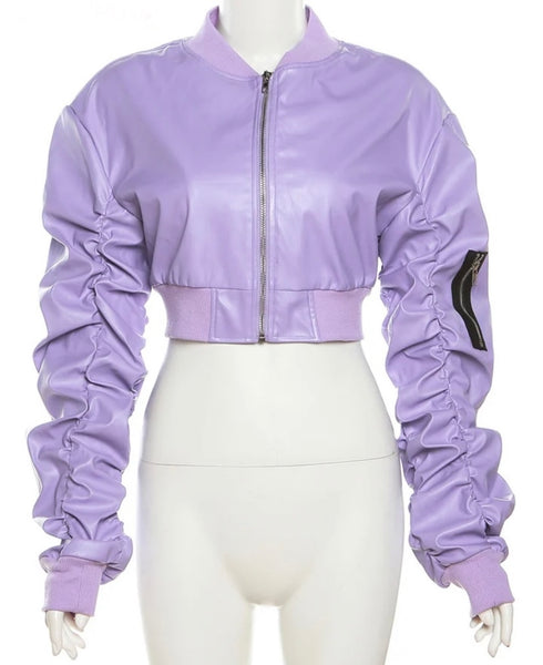 Women Purple Faux Leather Zipper Crop Jacket