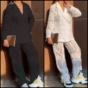 Women Sexy Fashion Full Sleeve Lace Blazer Two Piece Pant Set