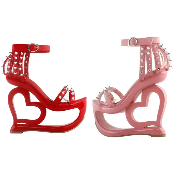 Women Fashion Faux Leather Rivet Heart Wedge Platform Sandals