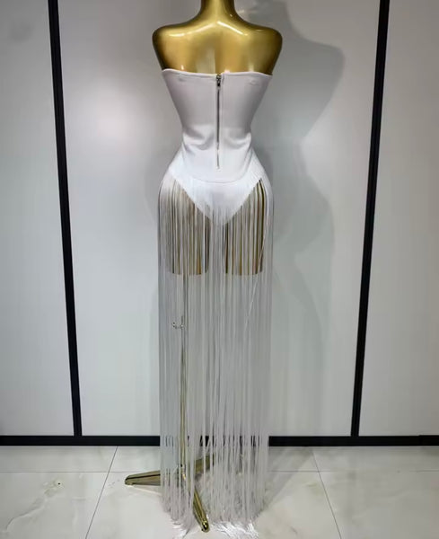 Women Sexy Strapless White Fringe Tassel Maxi Dress