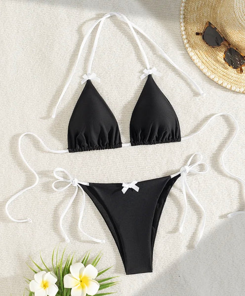 Women Sexy B&W Bow Tie Up Halter Bikini Swimsuit