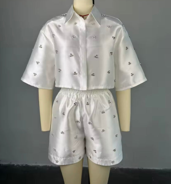 Women White Button Up Short Sleeve Bling Two Piece Short Set