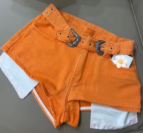 Women Fashion Orange Pocket Denim Shorts