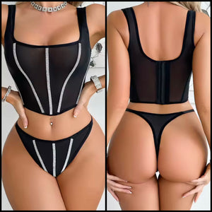 Women Black Sexy Bling Striped Mesh Lingerie Set