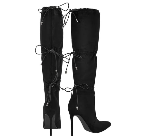 Women Fashion Faux Leather High Heel Tie Up Knee High Boots