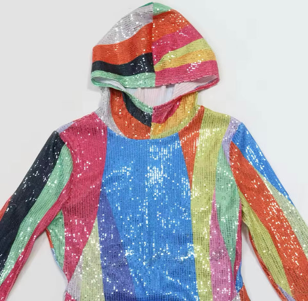 Women Color Patchwork Sparkly Hooded Full Sleeve Maxi Dress
