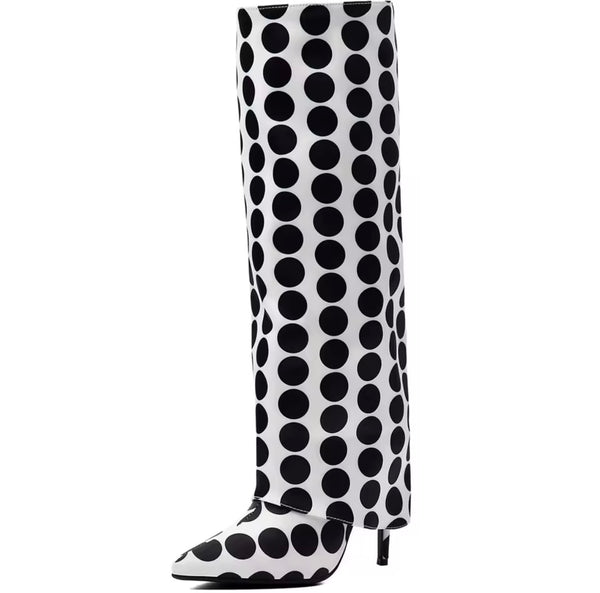 Women Fashion White Polka Dot Pointed Toe Knee High Boots