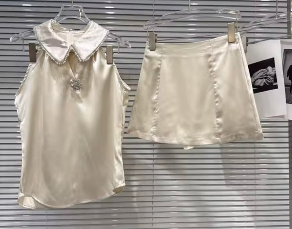 Women Sexy Rhinestone Collar Sleeveless Two Piece Skirt Set