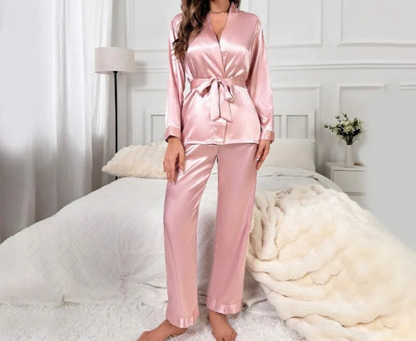 Women Pink Sexy Satin Full Sleeve Lingerie Set