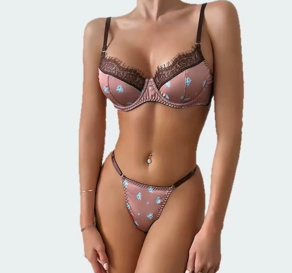 Women Sexy Brown Printed Satin Lingerie Set
