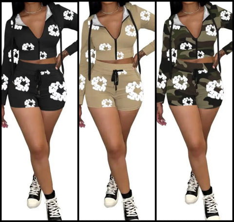 Women Fashion Floral Full Sleeve Hooded Two Piece Short Set