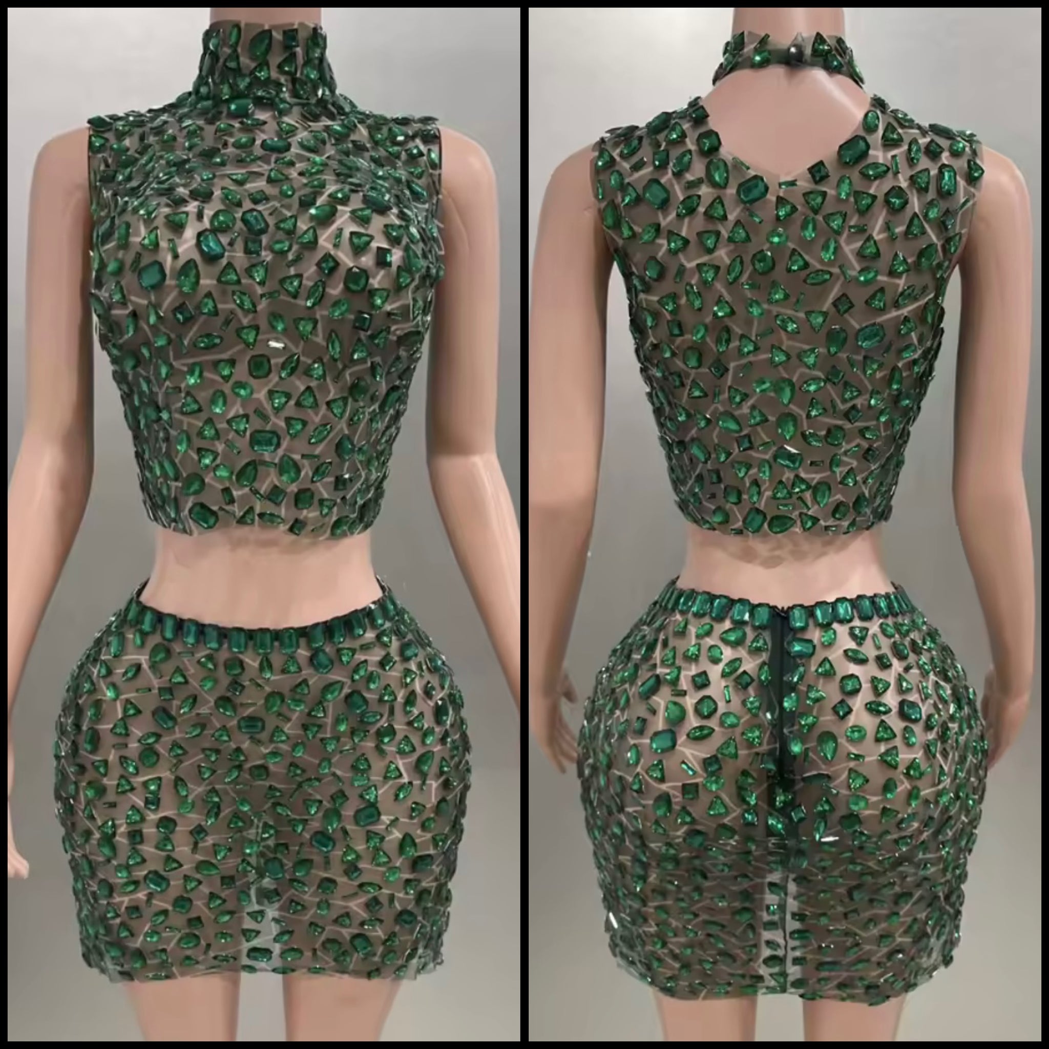 Women Sexy Sleeveless Green Crystal Mesh Two Piece Skirt Set