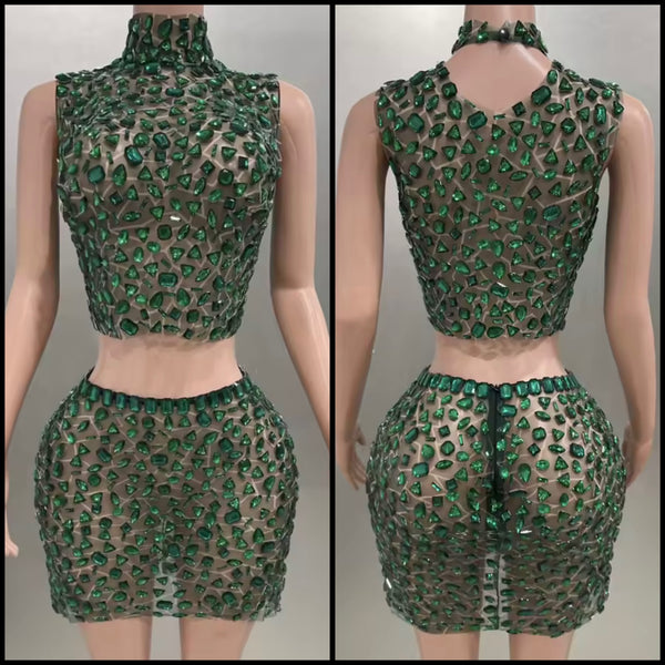Women Sexy Sleeveless Green Crystal Mesh Two Piece Skirt Set