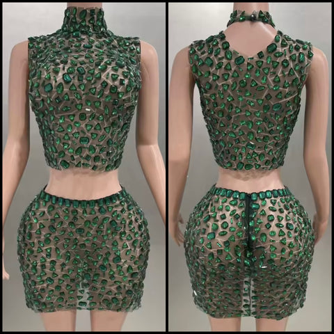 Women Sexy Sleeveless Green Crystal Mesh Two Piece Skirt Set