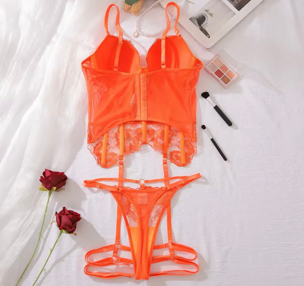 Women Orange Sexy Floral Lace Lingerie Set