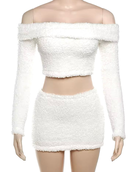 Women Sexy Solid Color Furry Off The Shoulder Two Piece Skirt Set
