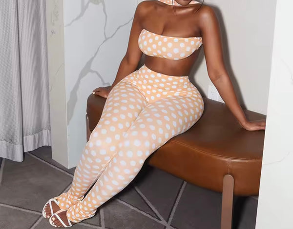 Women Sexy Strapless Polka Dot Open Back Two Piece Pant Set