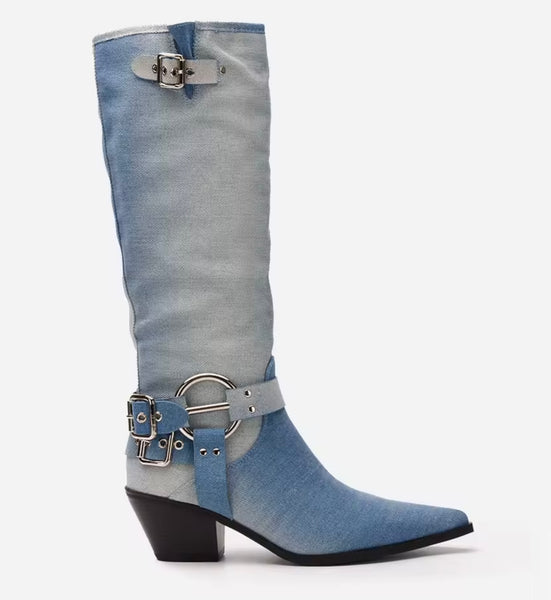 Women Fashion Buckled Denim Knee High Western Boots