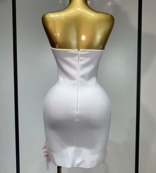 Women White Sexy Pink Feather Rhinestone Dress