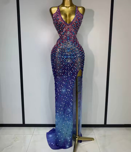 Women Sexy Halter Open Back Multicolored Rhinestone Maxi Dress