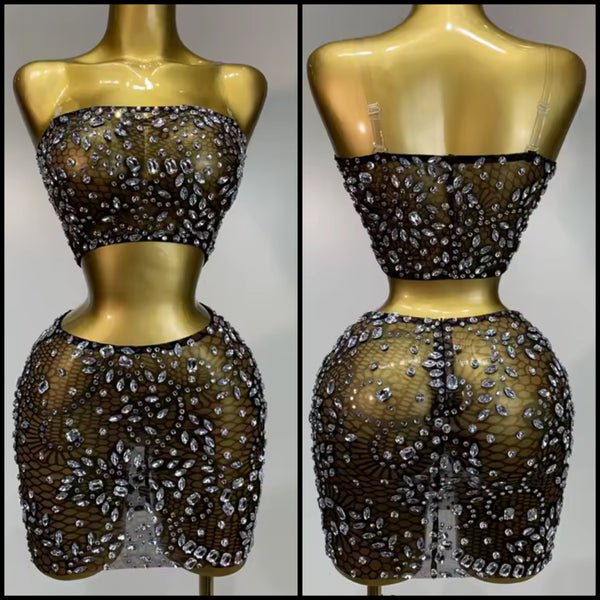 Women Sexy Strapless Mesh Rhinestone Two Piece Skirt Set