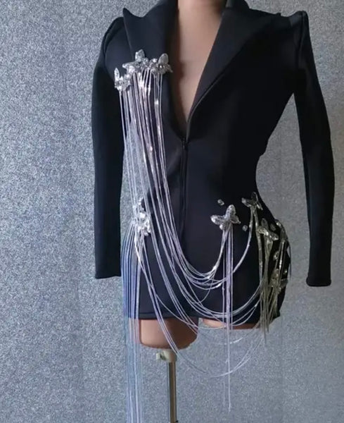 Women Sexy Full Sleeve Bling Butterfly Tassel Blazer Dress