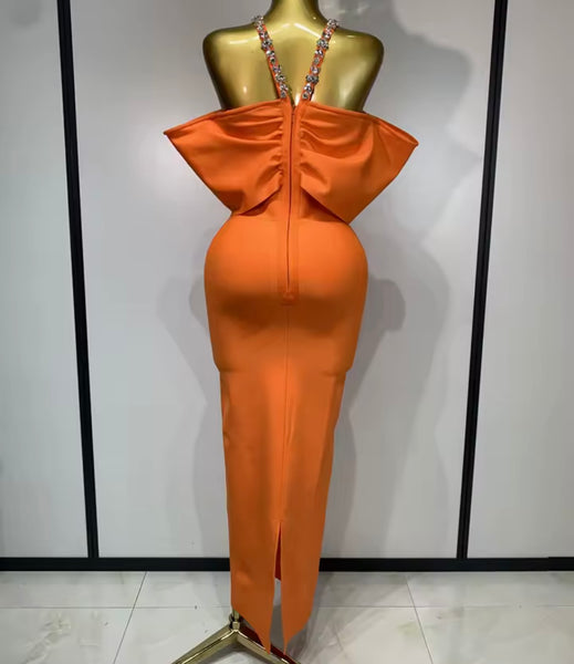 Women Sexy Orange Rhinestone Halter Off The Shoulder Maxi Dress