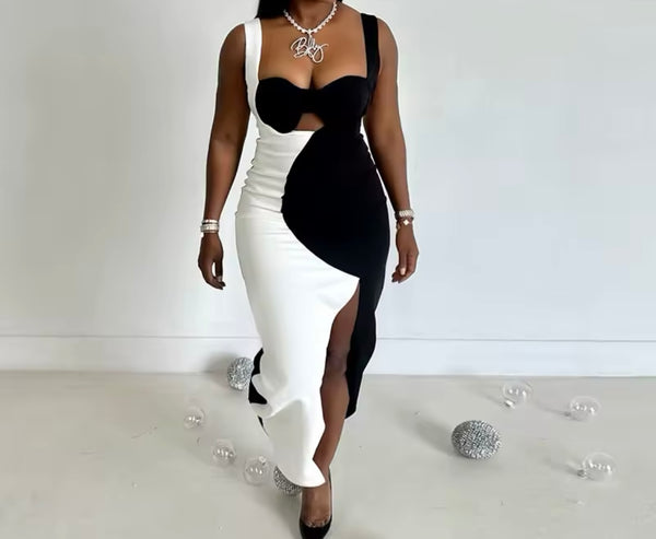 Women Sexy Sleeveless B&W Cut Out Maxi Dress