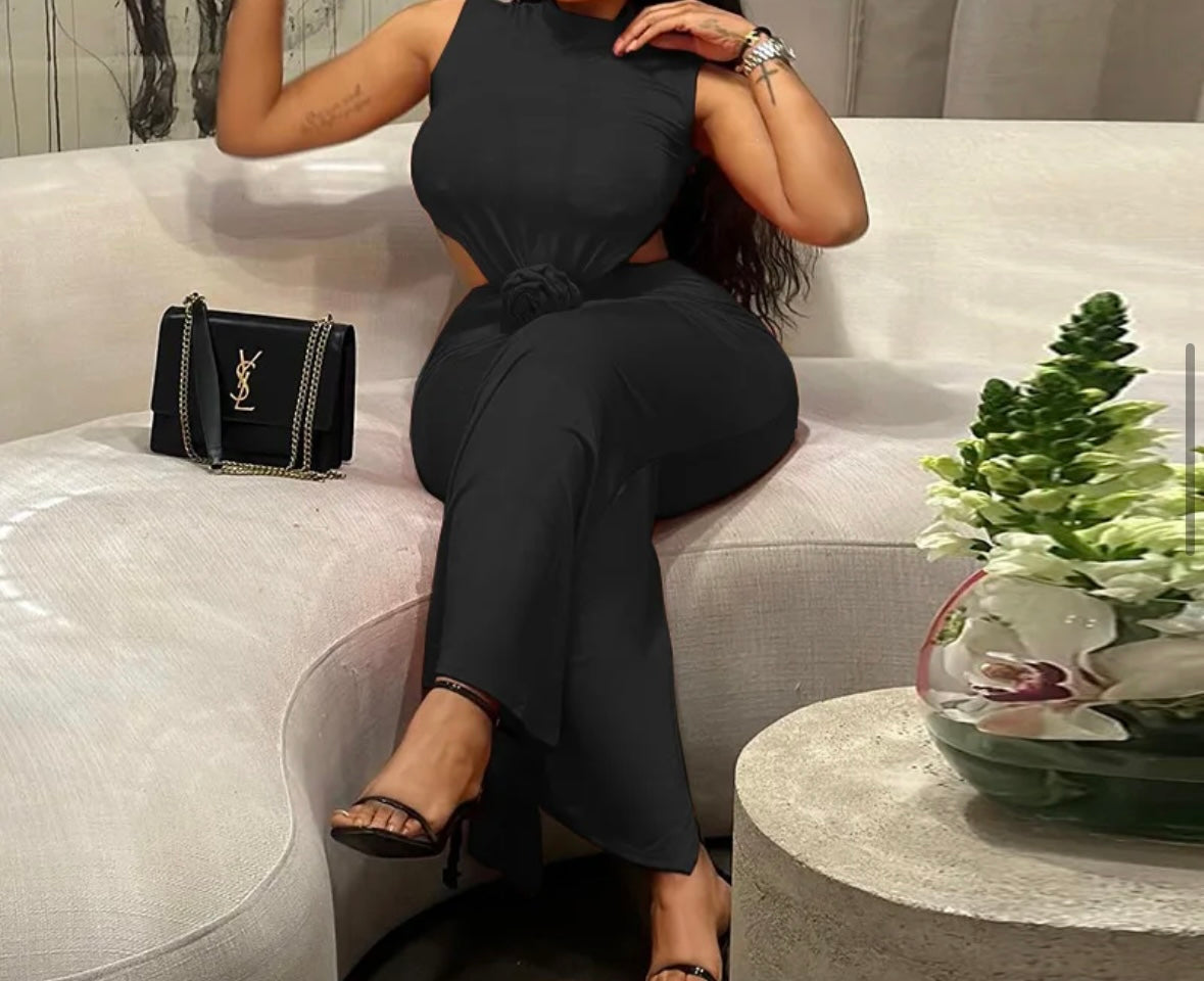 Women Sexy Sleeveless Cut Out 3D Rose Maxi Dress