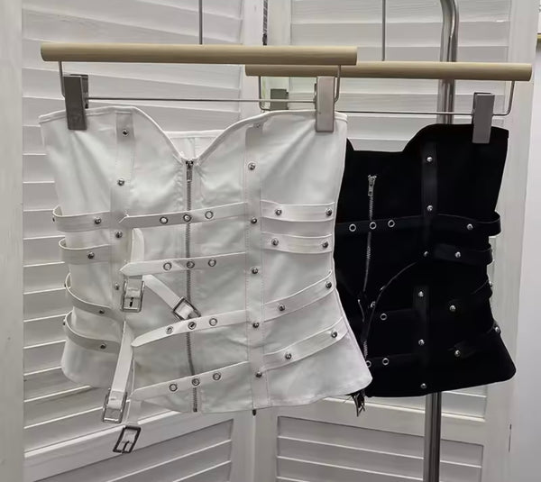 Women Strapless Zip Up Buckled Rivet Corset Top