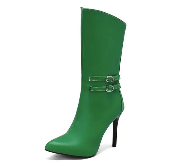 Women Pointed Toe Buckled Faux Leather Fashion Ankle Boots
