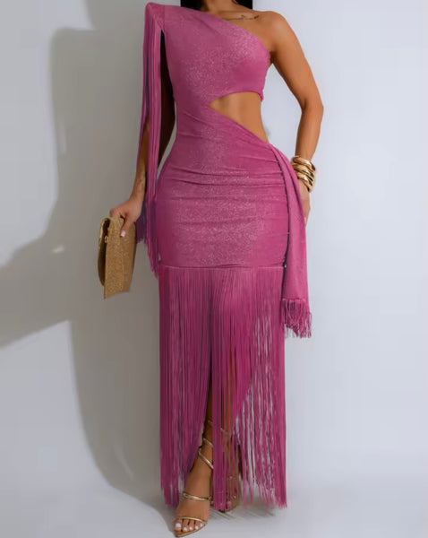 Women Sexy One Shoulder Cut Out Fringe Tassel Maxi Dress