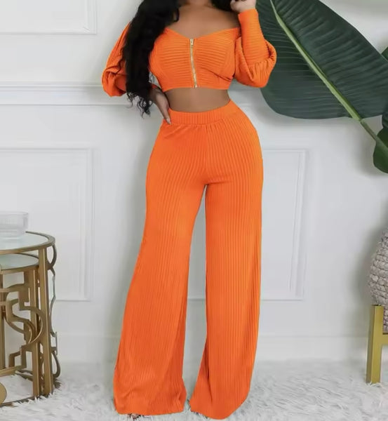 Women Color Ribbed Zip Up Full Sleeve Two Piece Pant Set