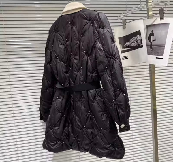 Women Fashion B&W Rhinestone Button Up Belted Long Jacket