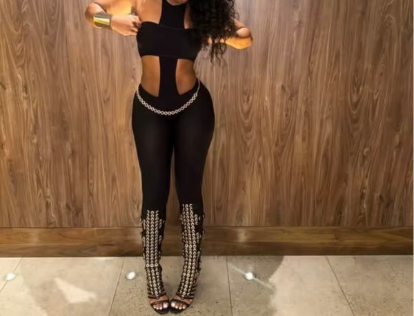Women Sexy Sleeveless Black Cut Out Fashion Jumpsuit