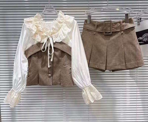 Women Ruffled Plaid Full Sleeve Two Piece Wrap Short Set