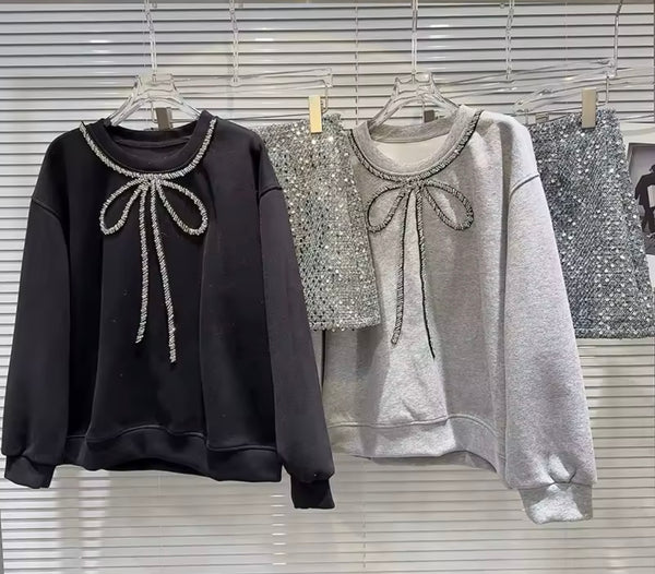 Women Fashion Bling Bow Full Sleeve Two Piece Sequins Skirt Set