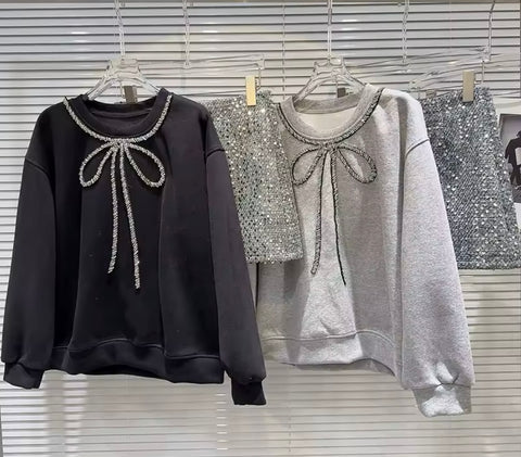 Women Fashion Bling Bow Full Sleeve Two Piece Sequins Skirt Set