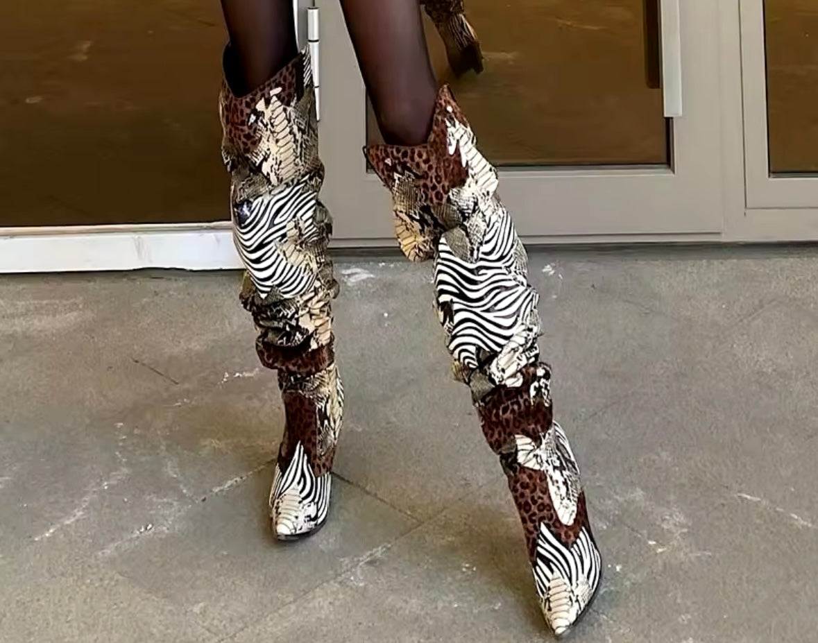 Women Fashion Animal Print Ruched Knee High Western Boots